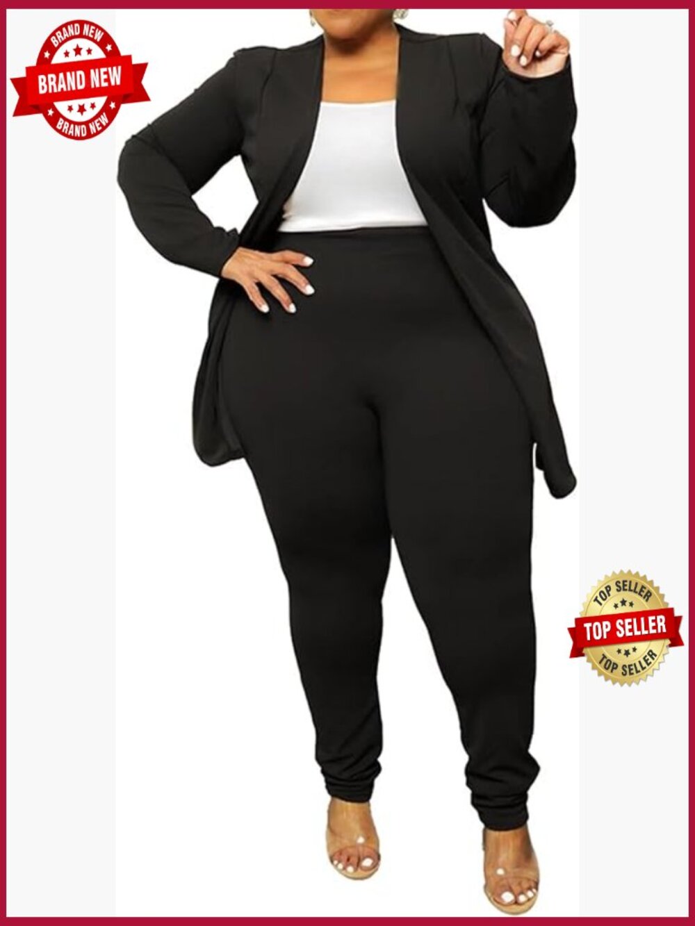 Plus Size Two Piece Blazer & Pant Set Suit Open Front Long Sleeve